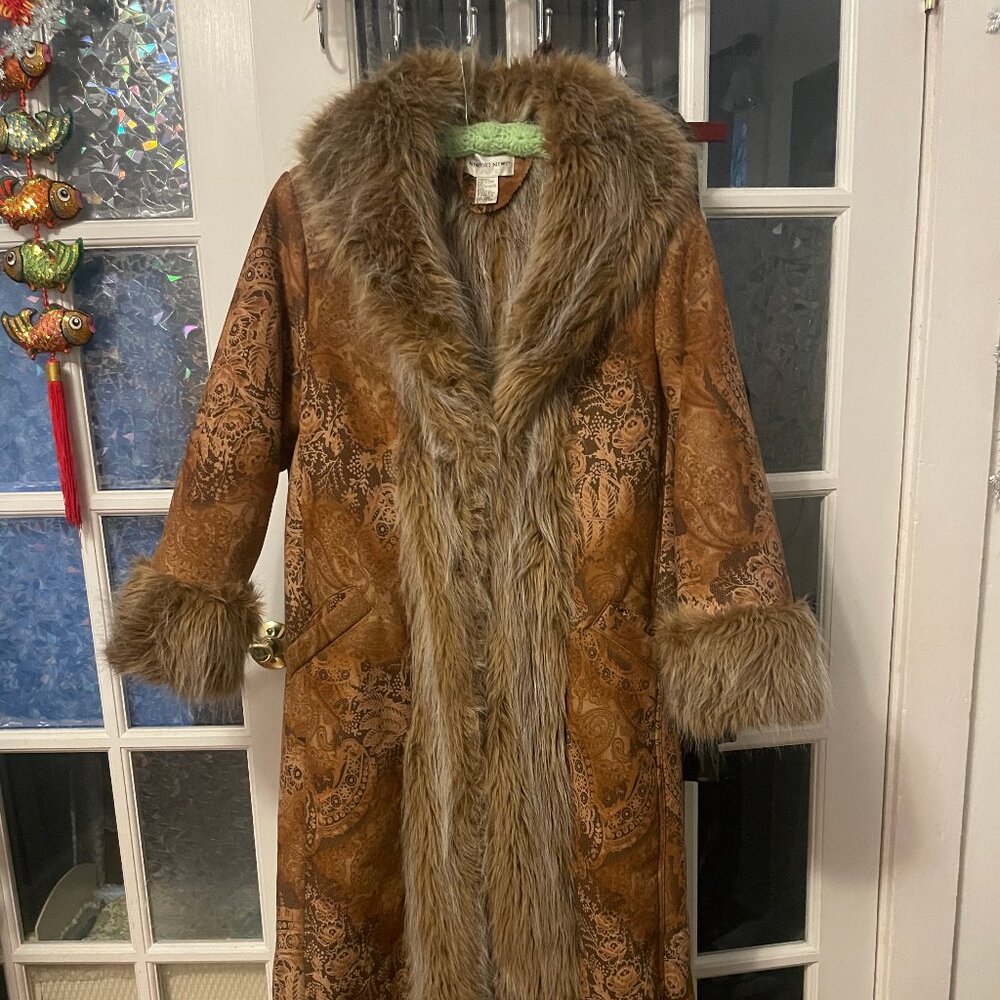 Newport News Vintage 80s Tapestry Faux Suede Faux Fur Lined Trench Coat